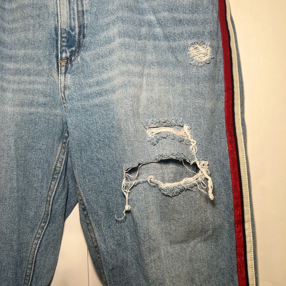 Zara Z1975 Straight‎ Leg Distressed Blue Jeans W/ Red White & Blue Stripe SZ 10 - Picture 2 of 10